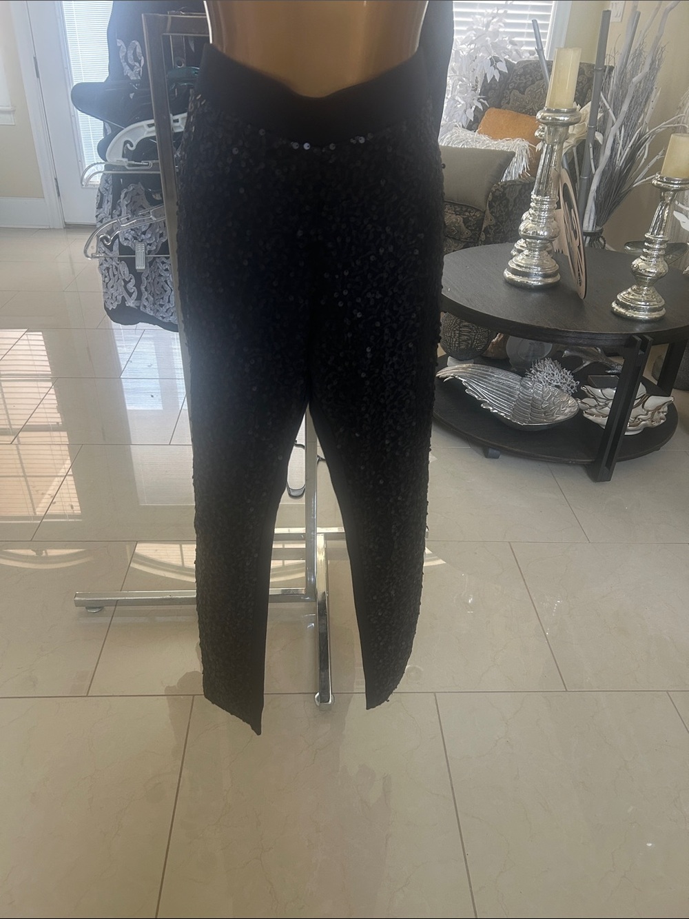 Black Sequin Straight-Leg Pants